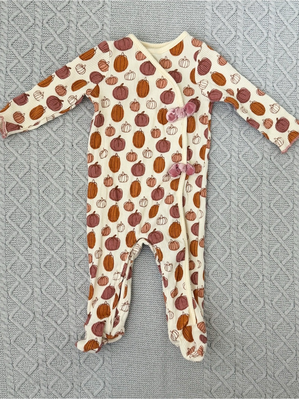 Mud Pie Cream Footie with Orange & Mauve Pumpkin Print & Velvety Bows